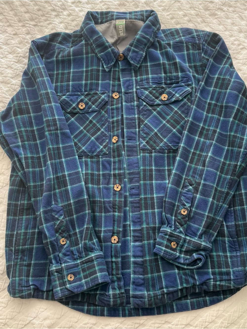 Stio Teal and Blue Plaid Flannel Button-Down Shirt